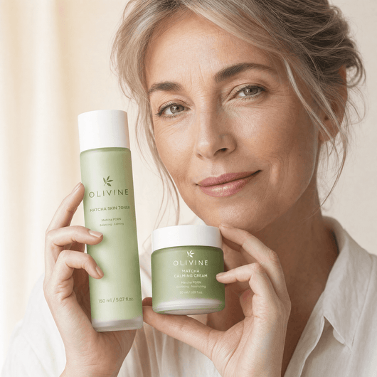 Olivine Matcha Toner and Cream Duo held in hand, close up