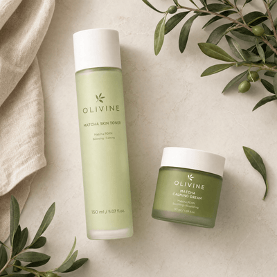 Olivine Matcha Toner and Cream Duo flat lay on a cream background