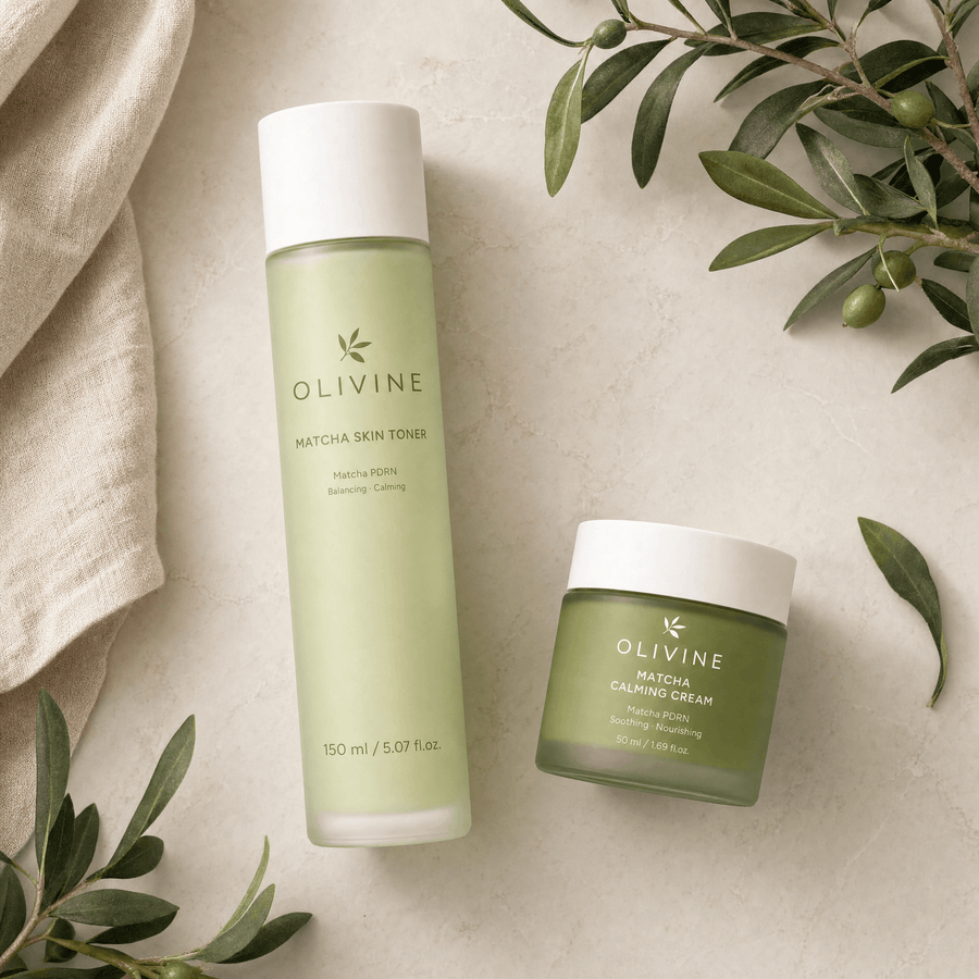 Olivine Matcha Toner and Cream Duo flat lay on a cream background