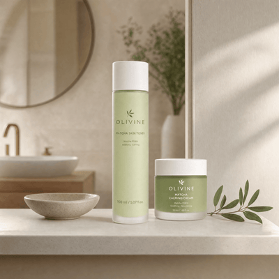 Olivine Matcha Toner and Cream Duo in a bright bathroom vanity setting