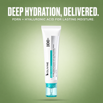 Olivine PDRN Hyaluronic Acid Cream on a green gradient background