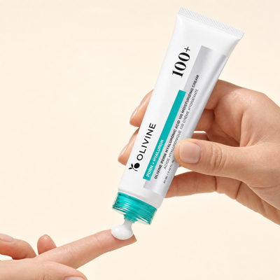 Olivine PDRN Hyaluronic Acid Cream being squeezed from the tube, close up