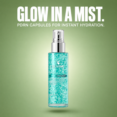 Olivine PDRN Collagen Glow Facial Serum Spray on a green gradient background