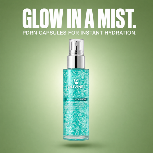 Olivine PDRN Collagen Glow Facial Serum Spray on a green gradient background