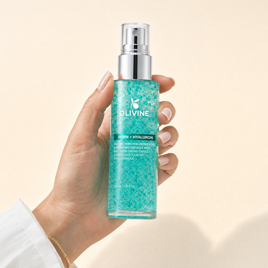 Olivine PDRN Collagen Glow Facial Serum Spray held in hand, close up