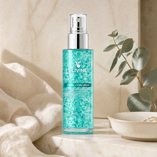 Olivine PDRN Collagen Glow Facial Serum Spray on a bright bathroom vanity