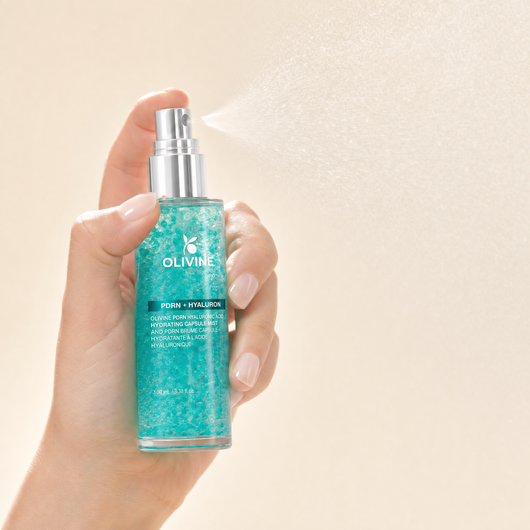 Olivine PDRN Collagen Glow Facial Serum Spray fine mist spray, macro close up