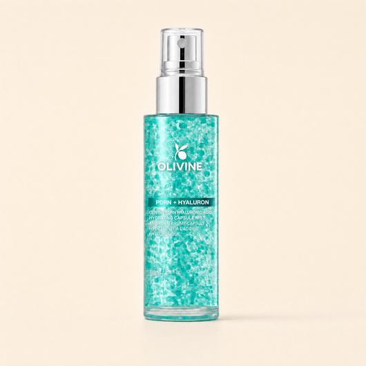 Olivine PDRN Collagen Glow Facial Serum Spray bottle, macro close up