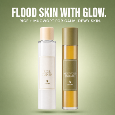 Olivine Skin Flooding Duo Rice Toner and Mugwort Essence on a green gradient background