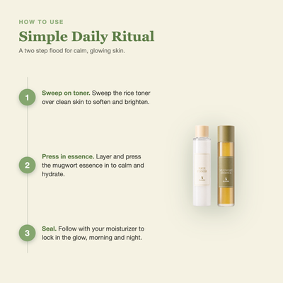Olivine Skin Flooding Duo Rice Toner and Mugwort Essence how to use, step by step