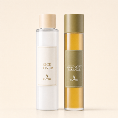 Olivine Skin Flooding Duo Rice Toner and Mugwort Essence bottles, macro close up