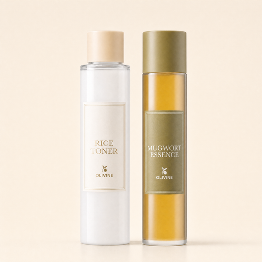 Olivine Skin Flooding Duo Rice Toner and Mugwort Essence bottles, macro close up