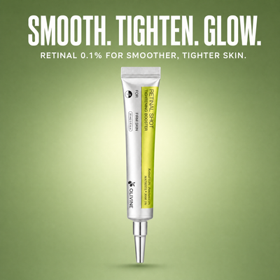 Olivine Vita A Retinal Shot Tightening Booster on a green gradient background