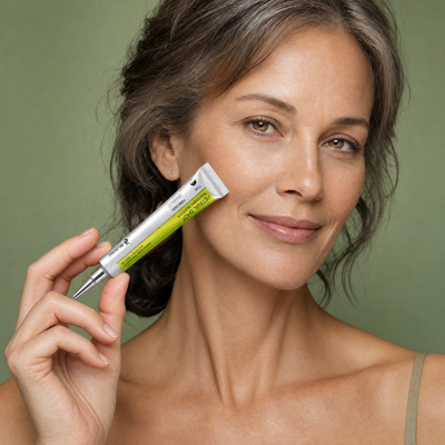 Olivine Vita A Retinal Shot Tightening Booster applied by a woman with glowing skin