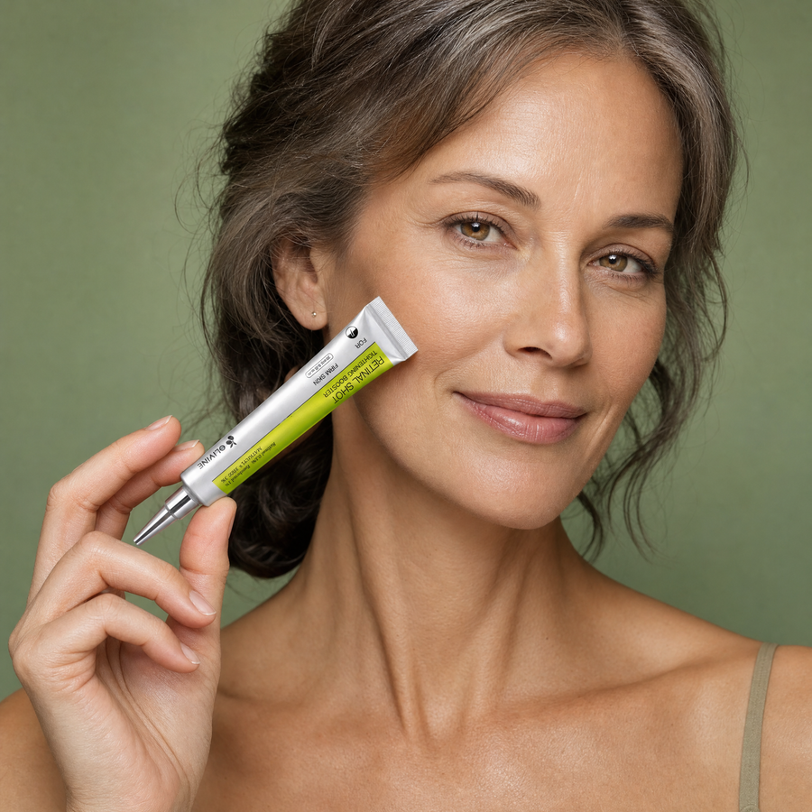 Olivine Vita A Retinal Shot Tightening Booster applied by a woman with glowing skin